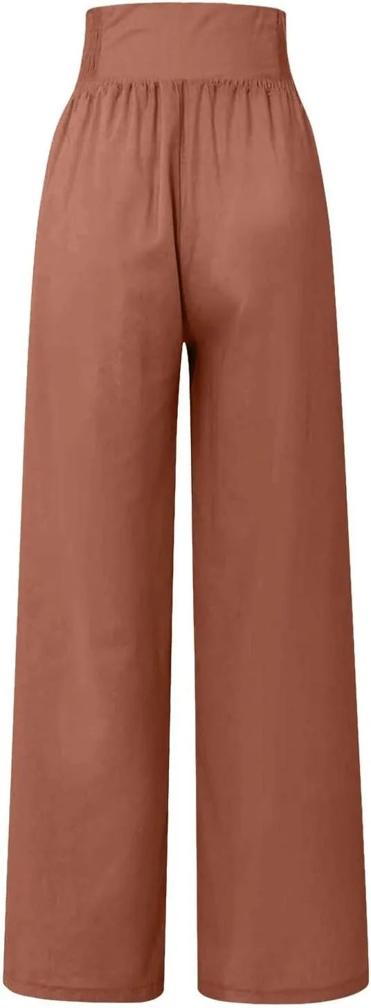 Womens Pants Summer Cotton Linen Wide Leg Pants Loose Palazzo Trouser Elastic Waist Pocket Button Casual Sweatpants
