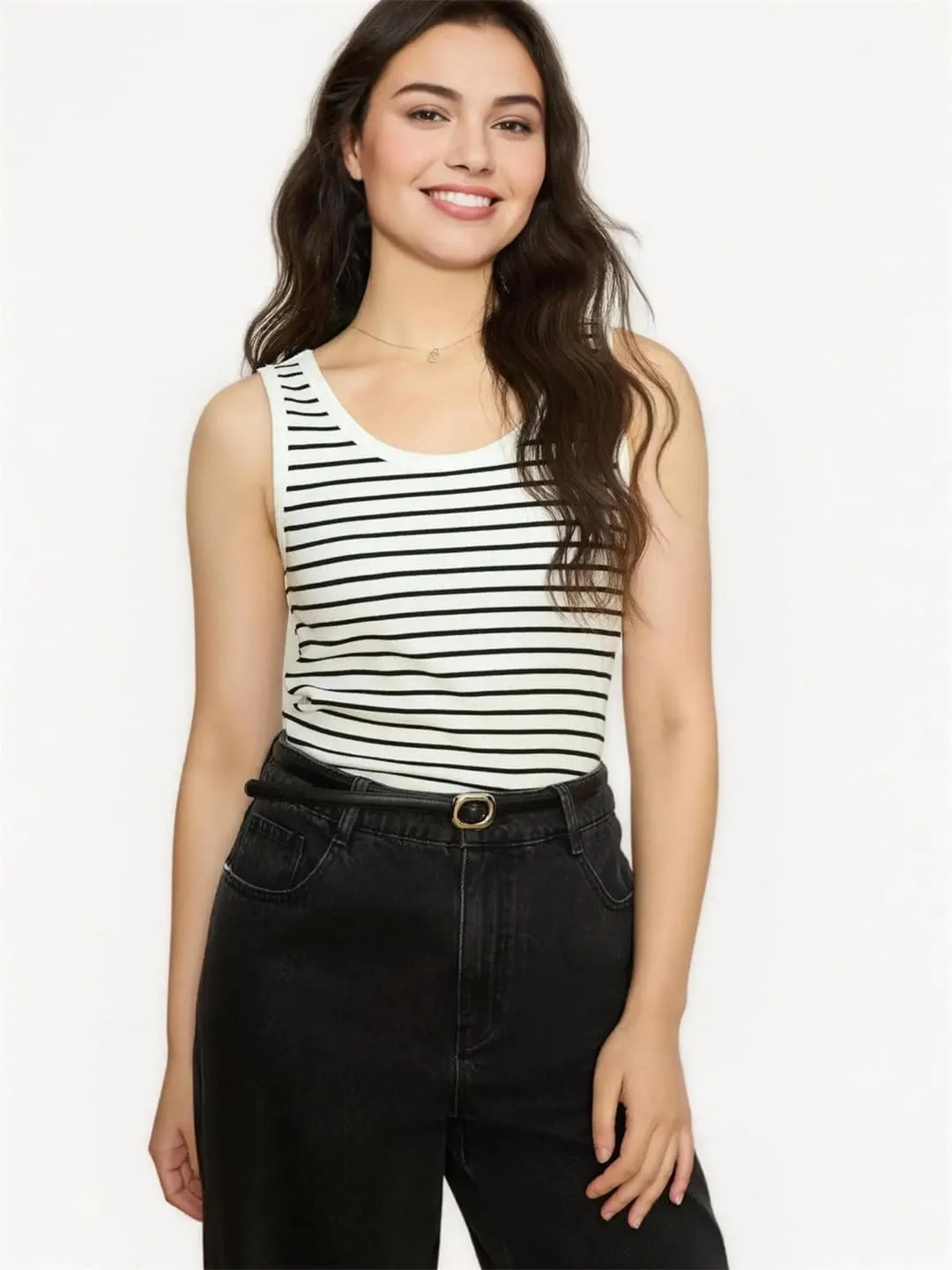 Women's Plus Size Backless Sleeveless Vest Striped Contrasting Color Slimming Camisole Top