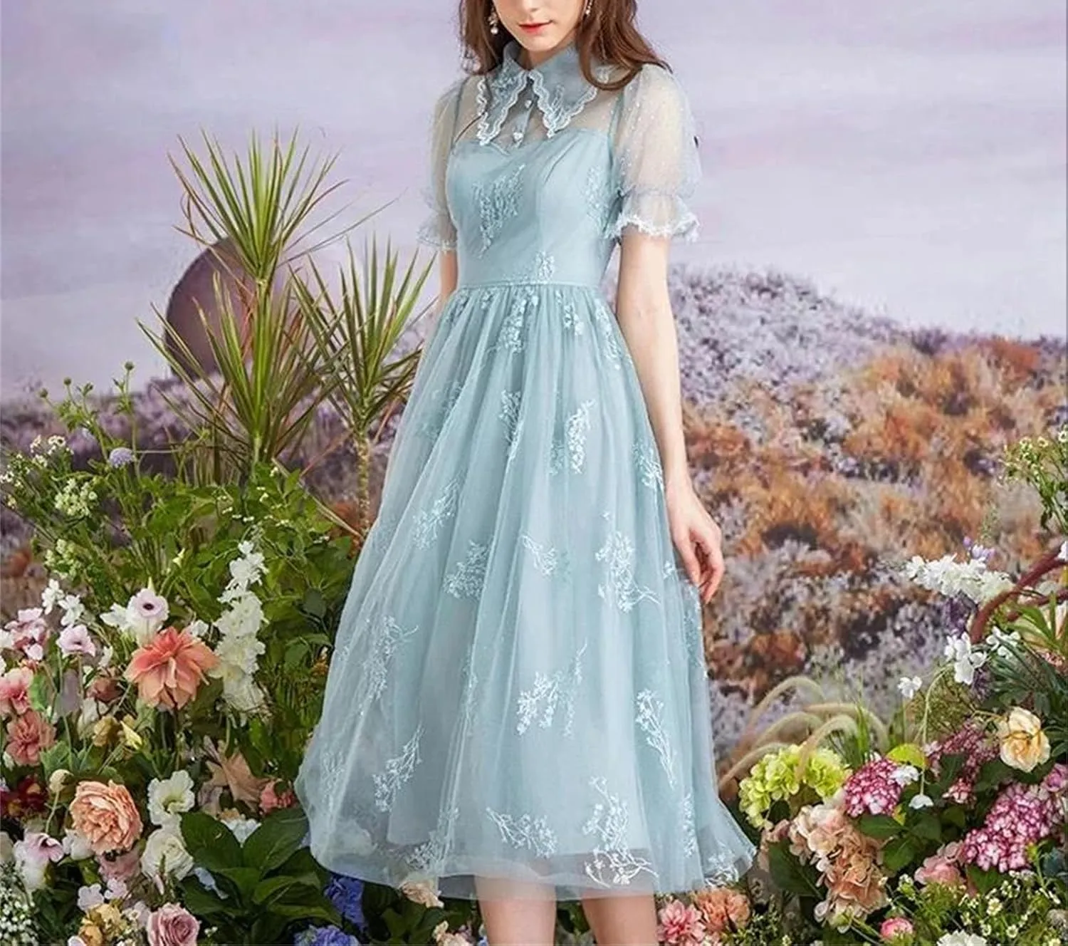 Women's Sequin Embroidered Party Dress - Mesh Lapel Lace Princess Midi Evening Gown