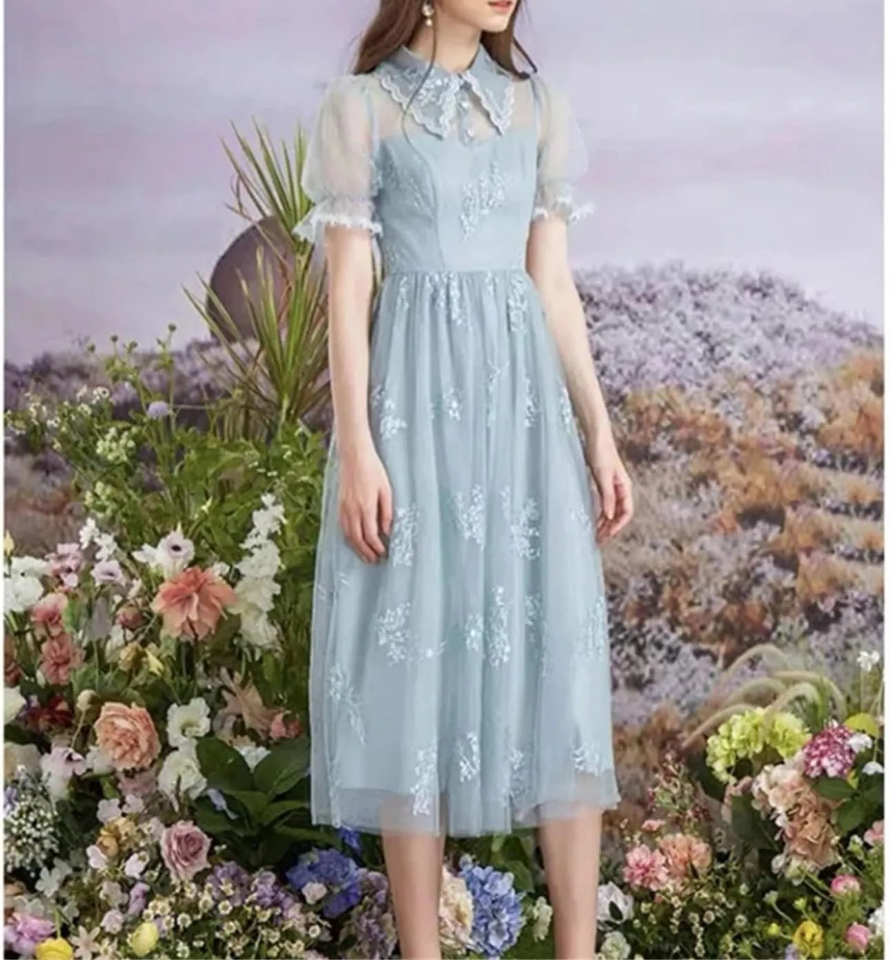 Women's Sequin Embroidered Party Dress - Mesh Lapel Lace Princess Midi Evening Gown