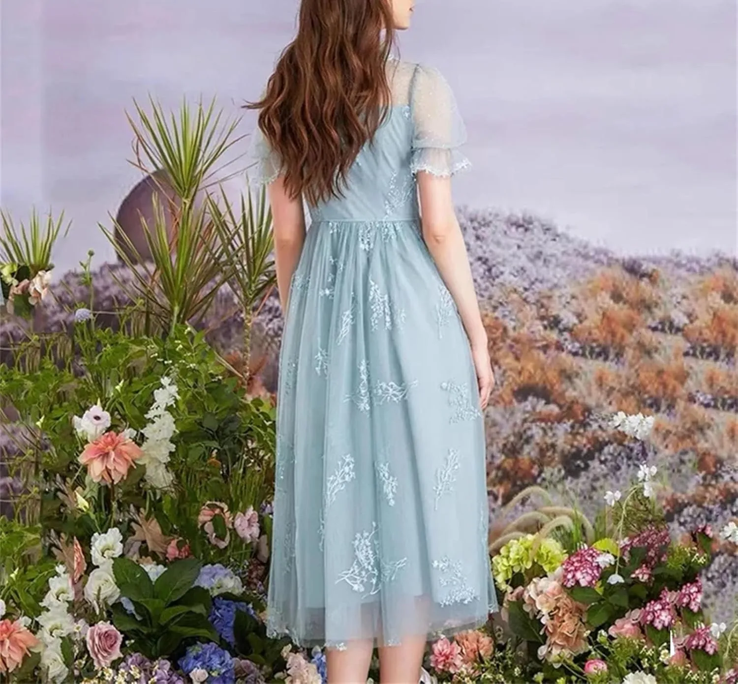 Women's Sequin Embroidered Party Dress - Mesh Lapel Lace Princess Midi Evening Gown