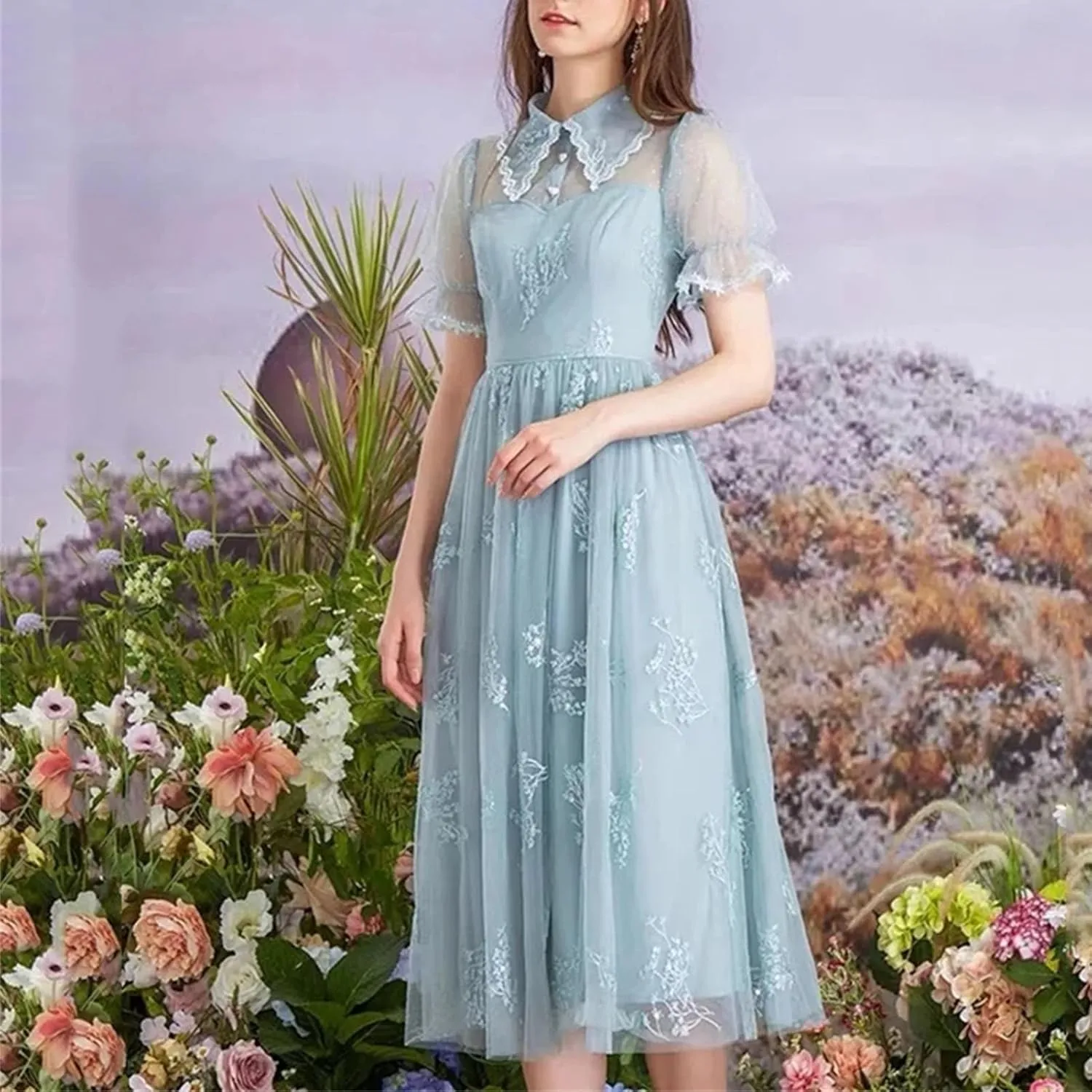 Women's Sequin Embroidered Party Dress - Mesh Lapel Lace Princess Midi Evening Gown