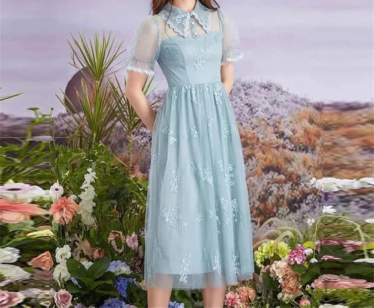 Women's Sequin Embroidered Party Dress - Mesh Lapel Lace Princess Midi Evening Gown