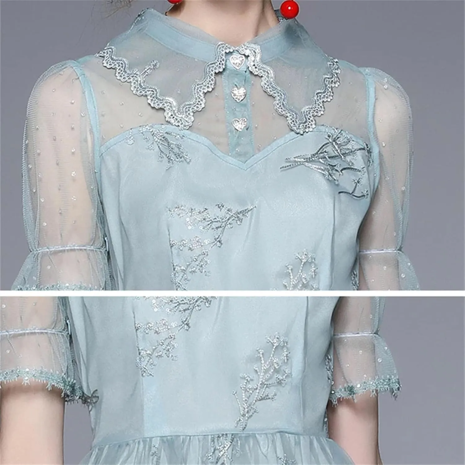 Women's Sequin Embroidered Party Dress - Mesh Lapel Lace Princess Midi Evening Gown