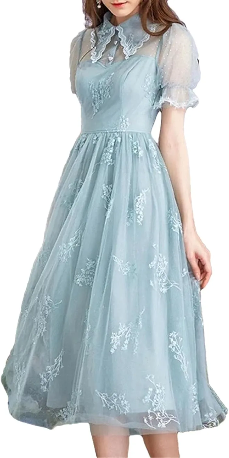 Women's Sequin Embroidered Party Dress - Mesh Lapel Lace Princess Midi Evening Gown
