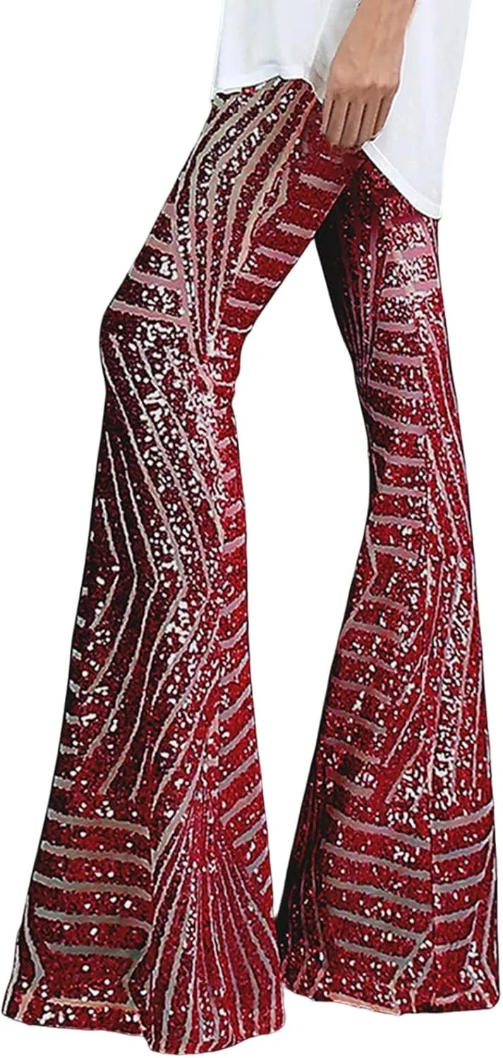 Women's Sequin Flared Pants Sparkly Glitter High Waist Wide Leg Flare Trousers Stretchy Trendy Bell Bottom Night Out Clubwear