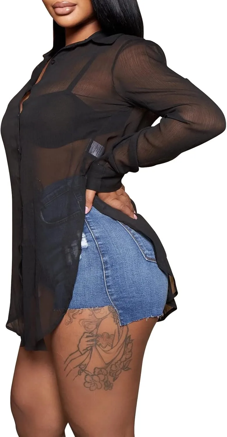 Womens Sheer Button Up Blouse Sexy Long Sleeve Mesh See Through Shirts Tops