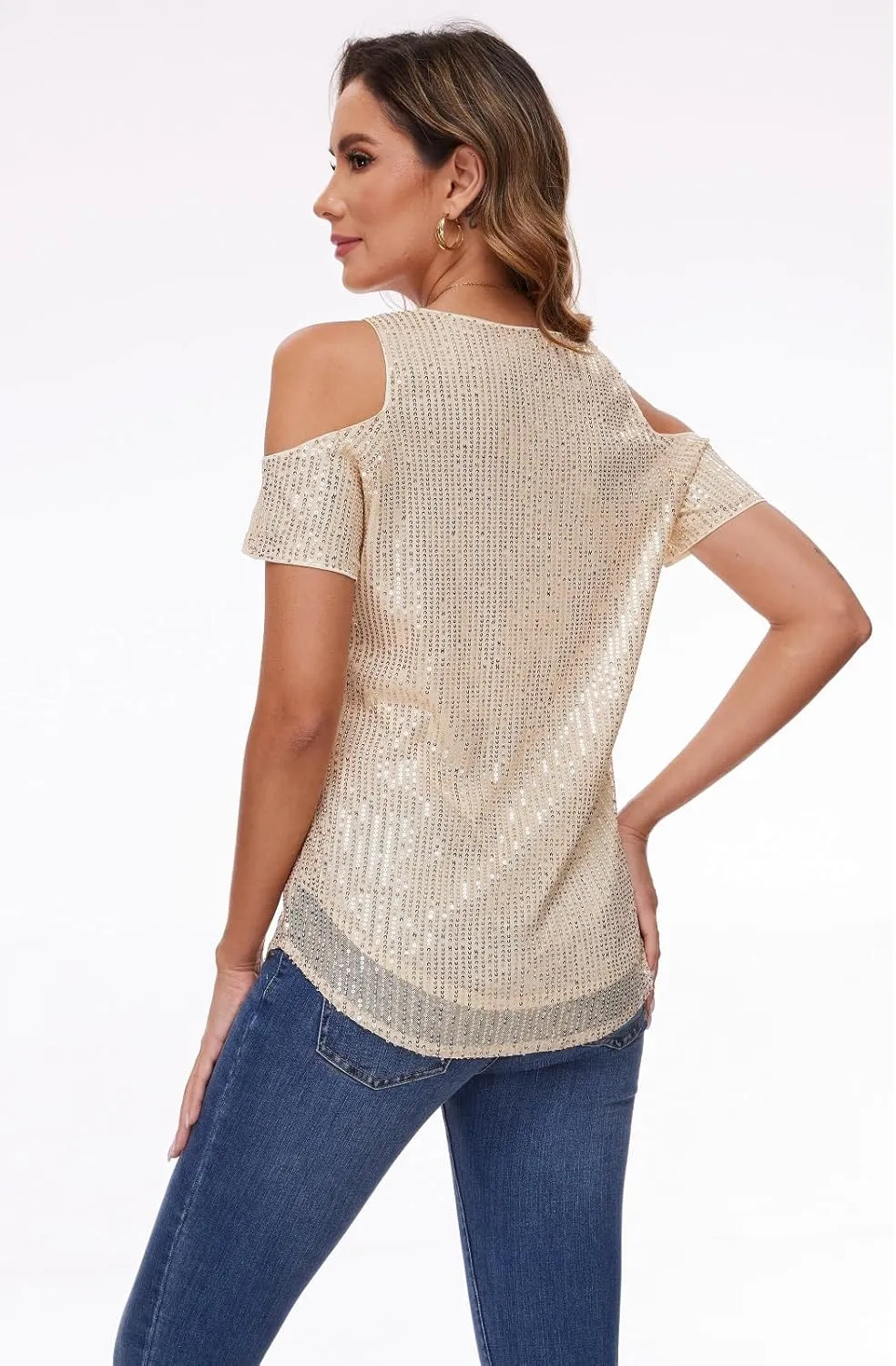 Womens Sparkly Sequin Top V Neck Cold Shoulder Glitter Short Sleeve Dressy Party Blouse Shirts