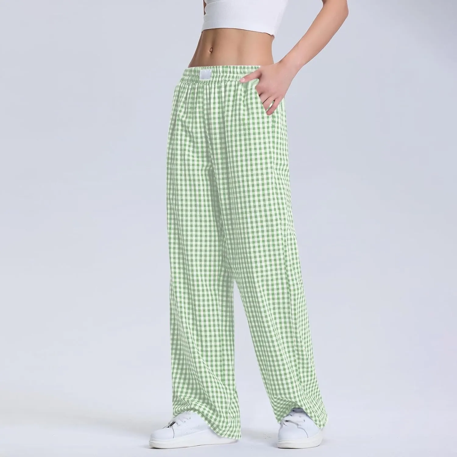 Women's Striped Gingham Boxer Pant Wide Leg Elastic Waist Pajama Lounge Pj Plaid TrousersY2K Beach Bottoms with Pocket