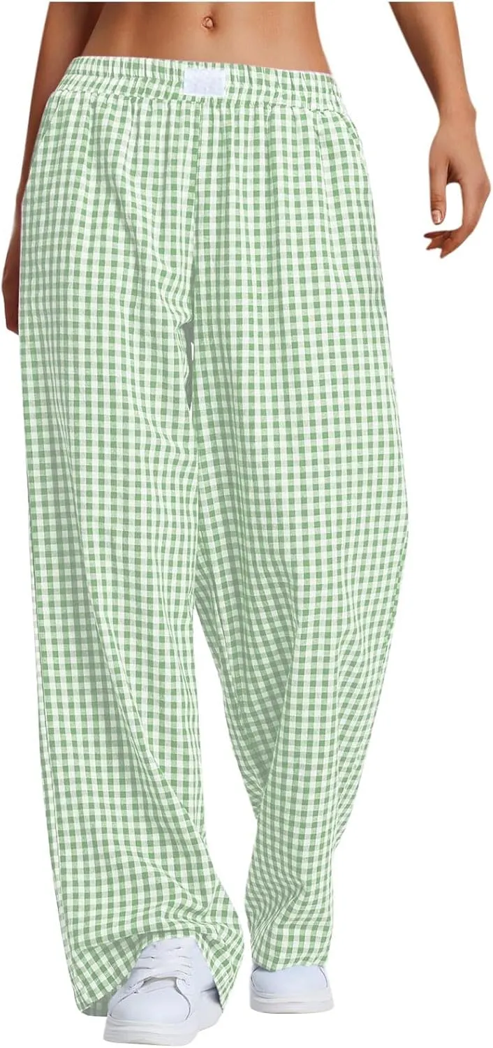 Women's Striped Gingham Boxer Pant Wide Leg Elastic Waist Pajama Lounge Pj Plaid TrousersY2K Beach Bottoms with Pocket