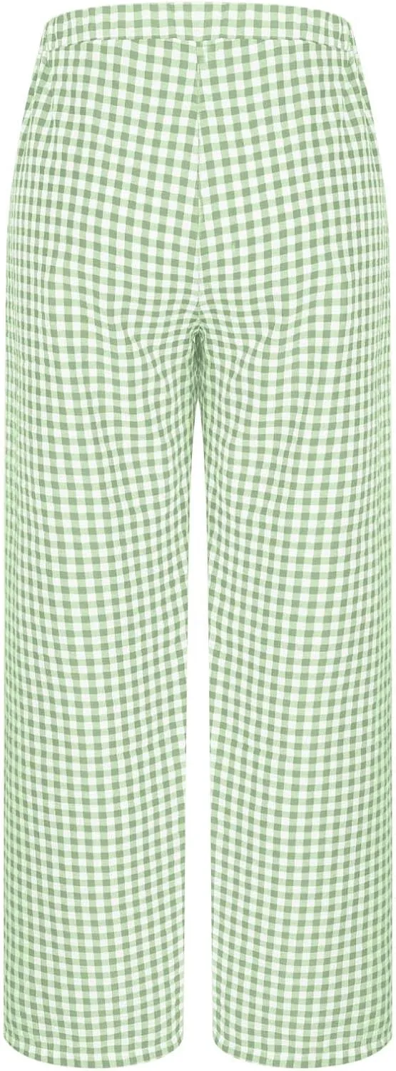 Women's Striped Gingham Boxer Pant Wide Leg Elastic Waist Pajama Lounge Pj Plaid TrousersY2K Beach Bottoms with Pocket