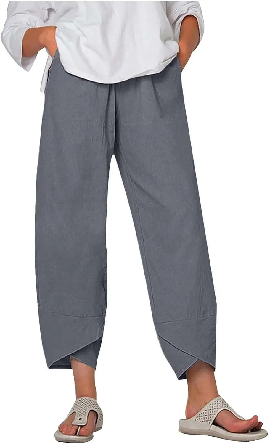 Womens Summer Cotton Linen Pants Trendy 2024 Elastic High Waist Casual Beach Pants Loose Cropped Lounge Trousers