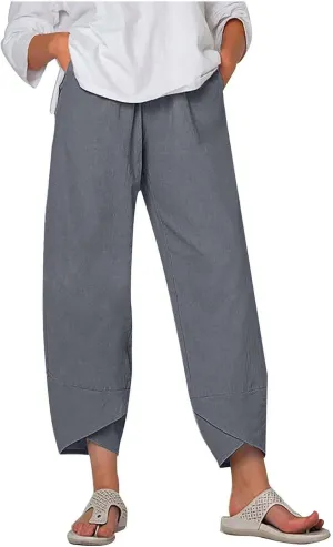 Womens Summer Cotton Linen Pants Trendy 2024 Elastic High Waist Casual Beach Pants Loose Cropped Lounge Trousers