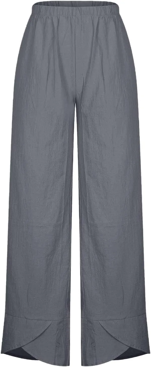 Womens Summer Cotton Linen Pants Trendy 2024 Elastic High Waist Casual Beach Pants Loose Cropped Lounge Trousers