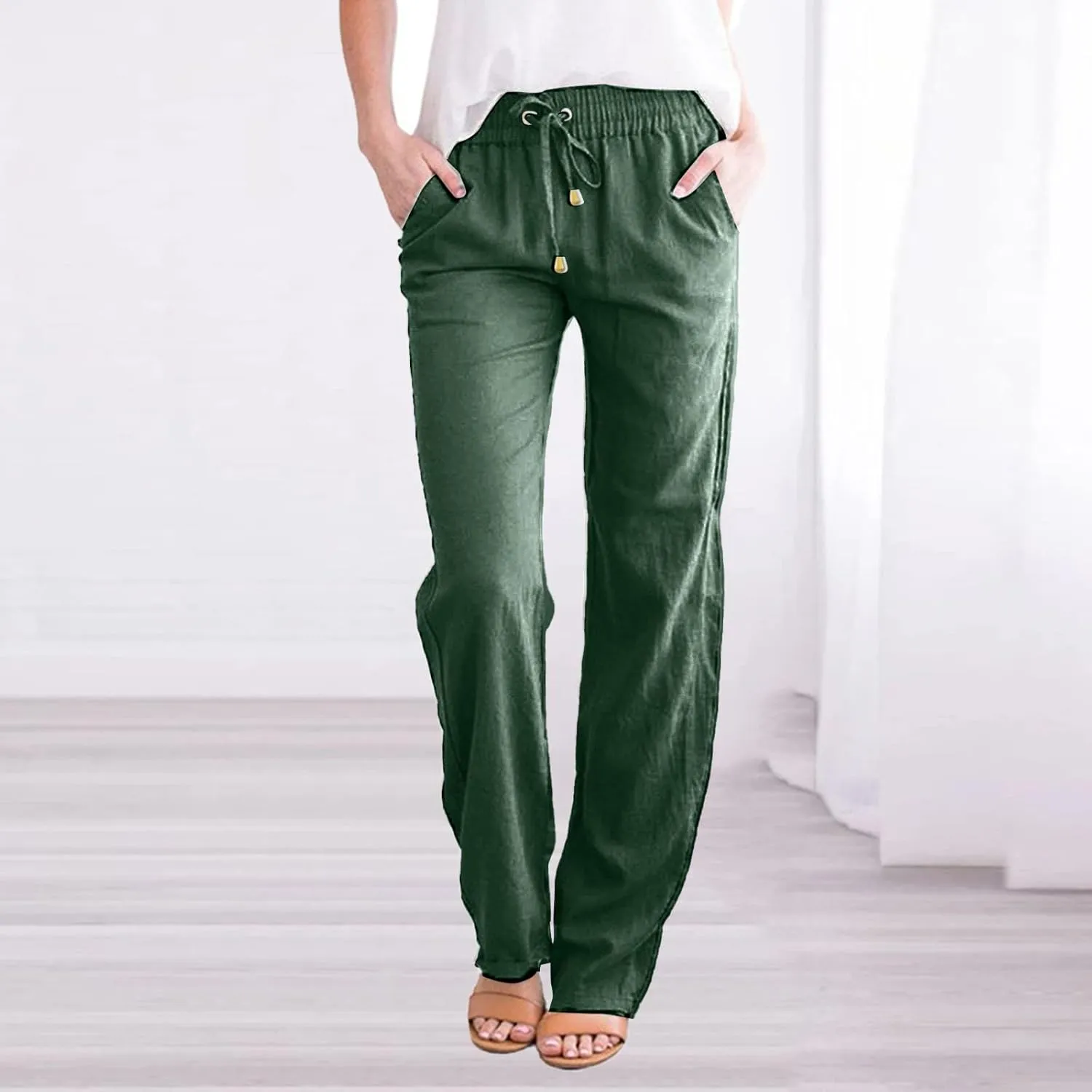Womens Summer Fashion Linen Cotton Pants Solid Casual High Waist Loose Fit Drawstring Trousers with Pockets