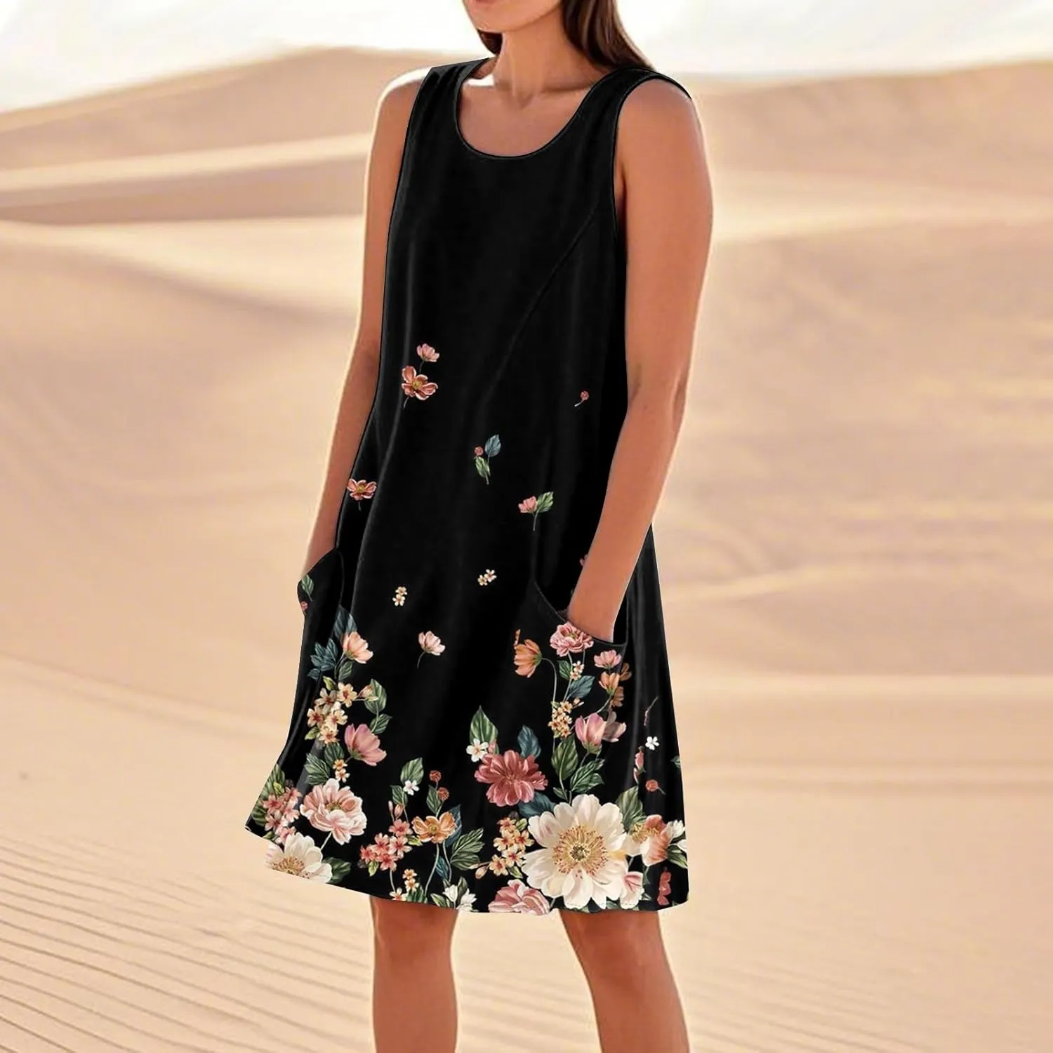 Womens Summer Tank Dress Plus Size Loose Fit Sleeveless Dresses Casual Flowy Midi Pockets Vacation Sundresses