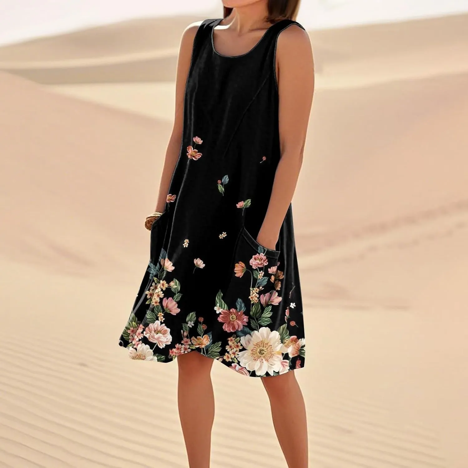 Womens Summer Tank Dress Plus Size Loose Fit Sleeveless Dresses Casual Flowy Midi Pockets Vacation Sundresses