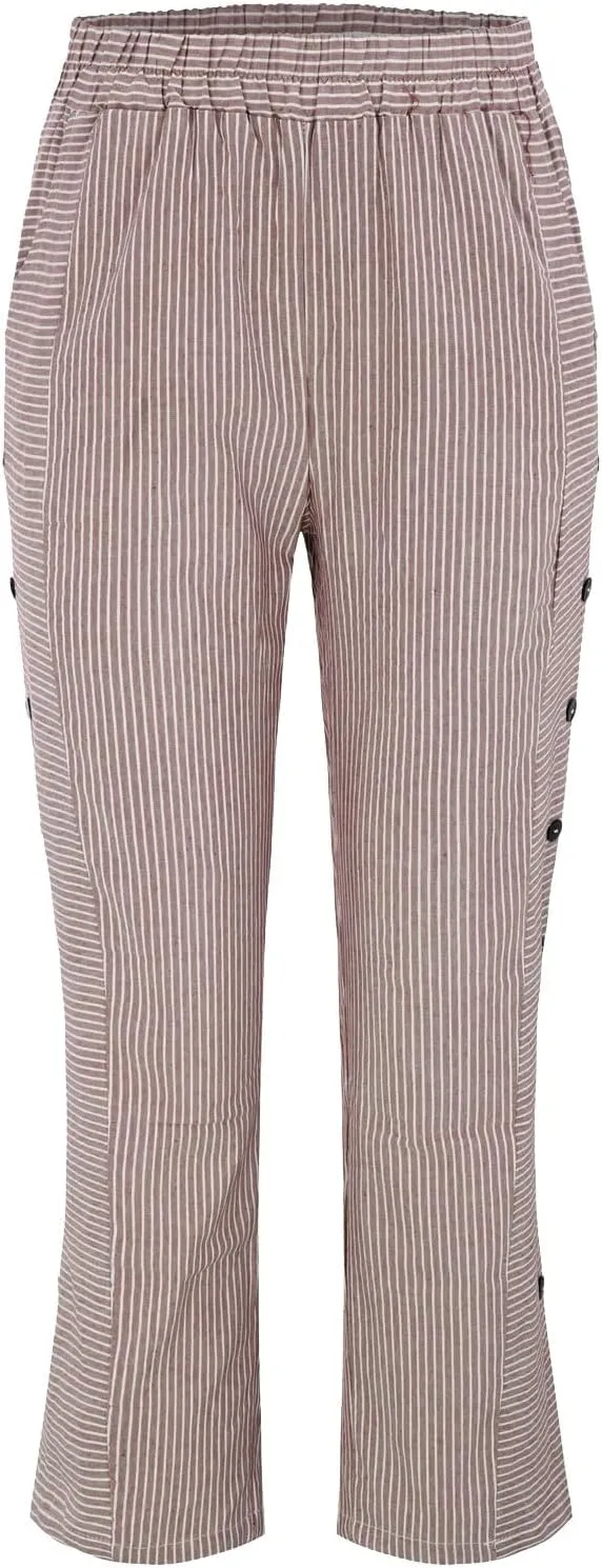 Womens Trendy Striped Linen Pants Casual High Waist Capri 2025 Summer Straight Leg Trousers with Pockets Workwear