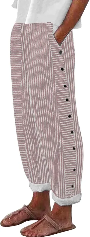 Womens Trendy Striped Linen Pants Casual High Waist Capri 2025 Summer Straight Leg Trousers with Pockets Workwear