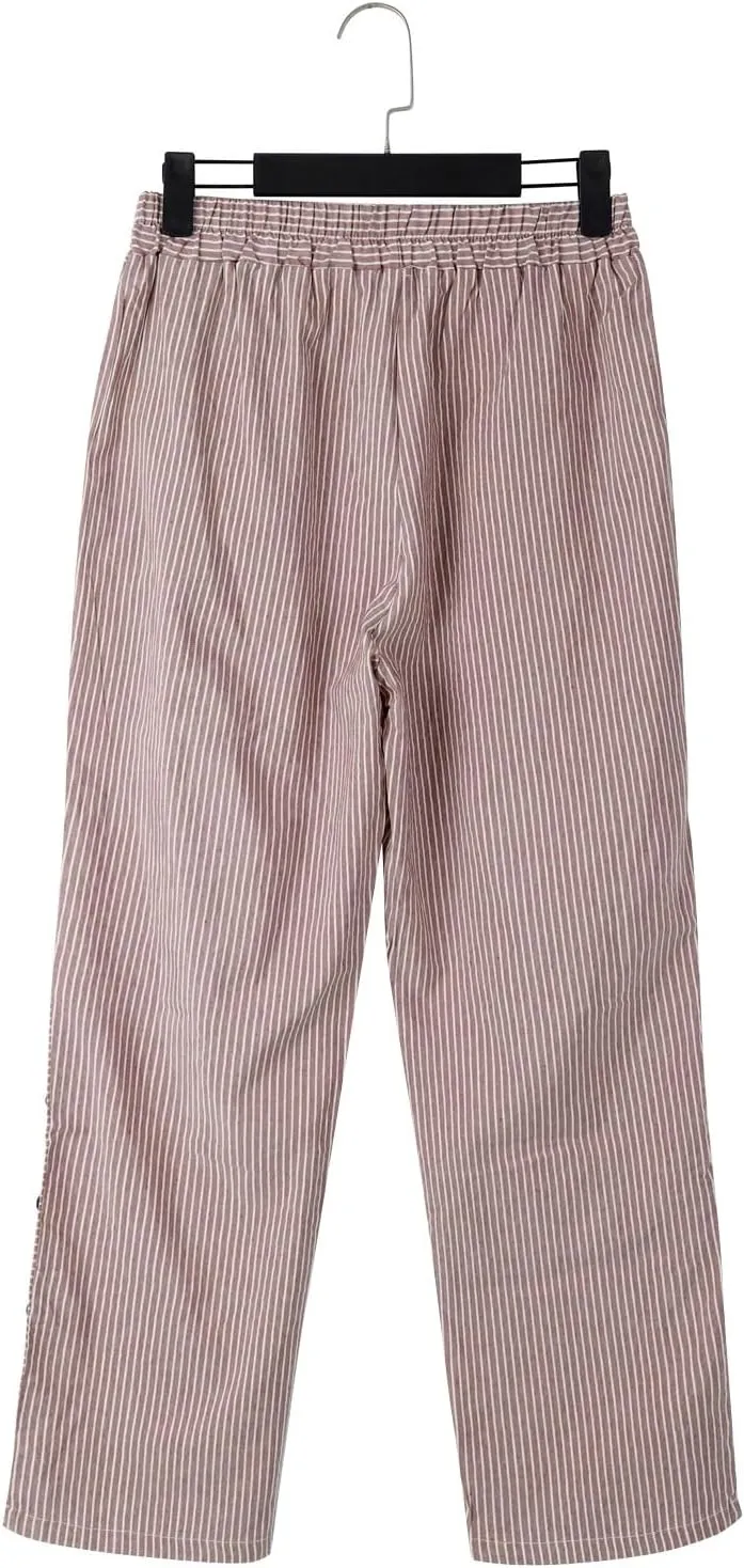 Womens Trendy Striped Linen Pants Casual High Waist Capri 2025 Summer Straight Leg Trousers with Pockets Workwear
