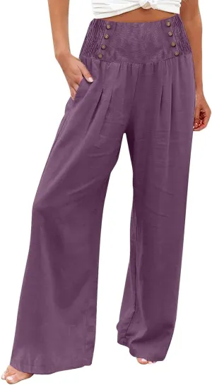 Womens Wide Leg Pants Boho Smocked High Elastic Waist in The Back Palazzo Trousers with Pockets Lounge Vacation Pants