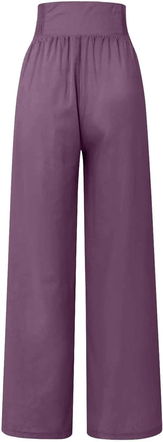 Womens Wide Leg Pants Boho Smocked High Elastic Waist in The Back Palazzo Trousers with Pockets Lounge Vacation Pants