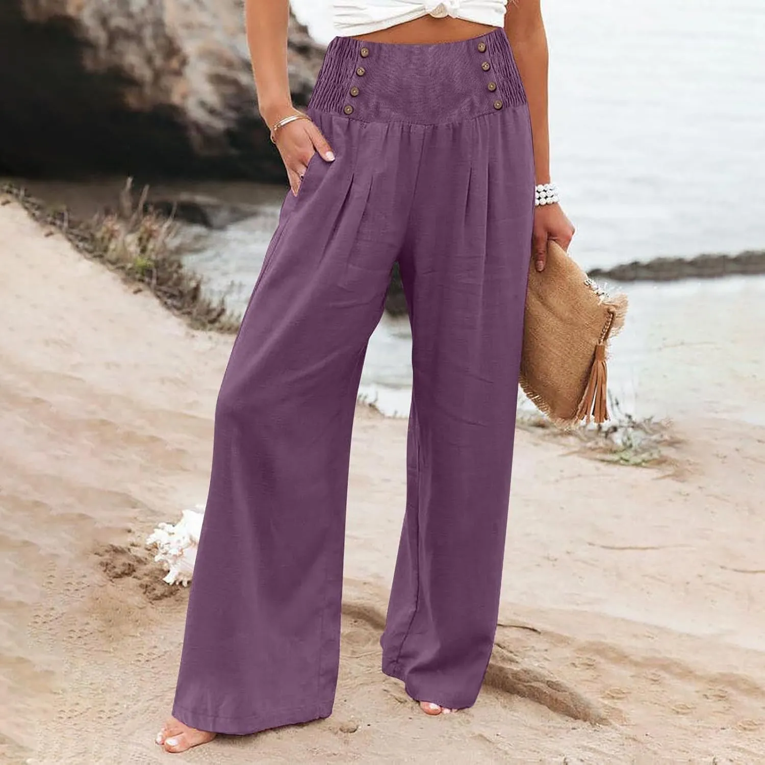 Womens Wide Leg Pants Boho Smocked High Elastic Waist in The Back Palazzo Trousers with Pockets Lounge Vacation Pants