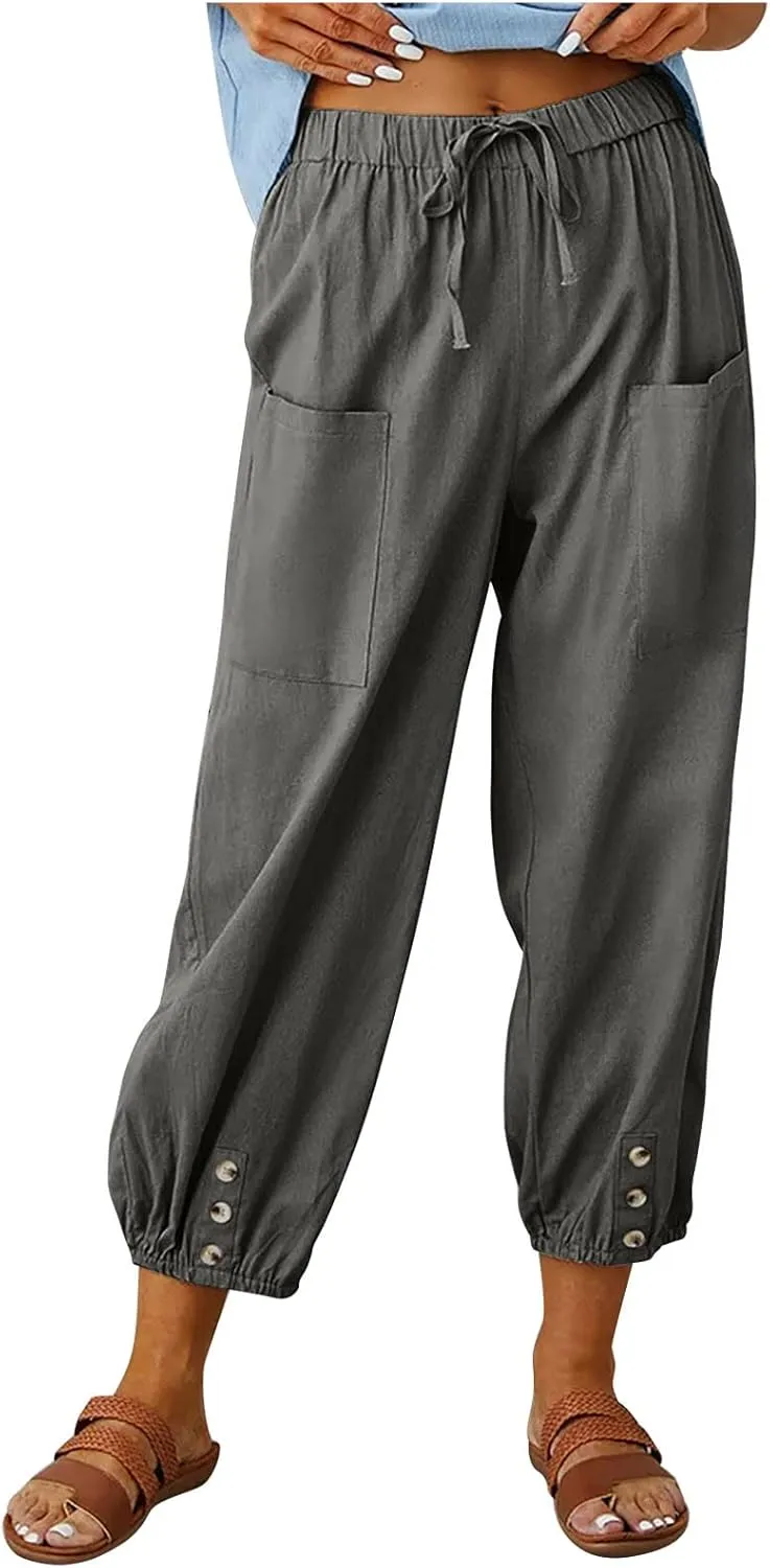 Womens Wide Leg Pants Casual Drawstring Capri Pants High Waist Cotton Linen Pants Lantern Tapered Harem Pants Slacks
