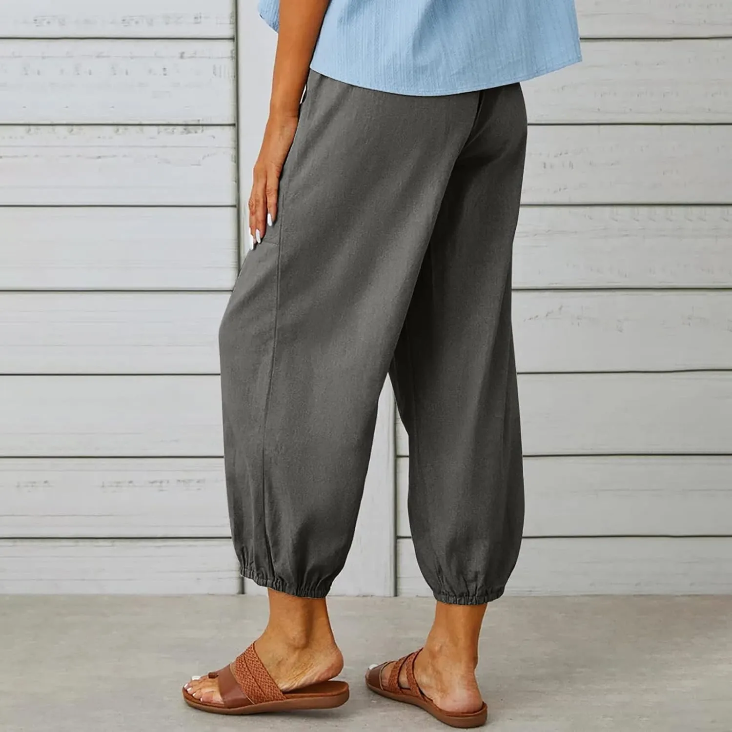 Womens Wide Leg Pants Casual Drawstring Capri Pants High Waist Cotton Linen Pants Lantern Tapered Harem Pants Slacks
