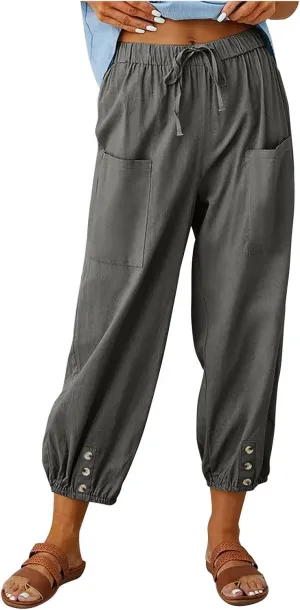 Womens Wide Leg Pants Casual Drawstring Capri Pants High Waist Cotton Linen Pants Lantern Tapered Harem Pants Slacks