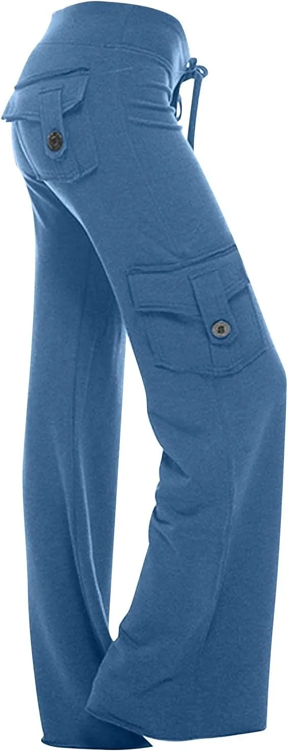 Womens Yoga Leggings Cargo Pants Stretchy Drawstring Elastic Waist Loose Trousers Side Pockets Wide Leg Yoga Leggings