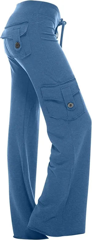 Womens Yoga Leggings Cargo Pants Stretchy Drawstring Elastic Waist Loose Trousers Side Pockets Wide Leg Yoga Leggings