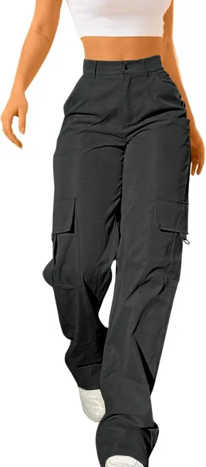Y2K Cargo Pants for Women Teen Girl Baggy Elastic High Waisted Casual Parachute Pant Straight Leg Streetwear Trousers