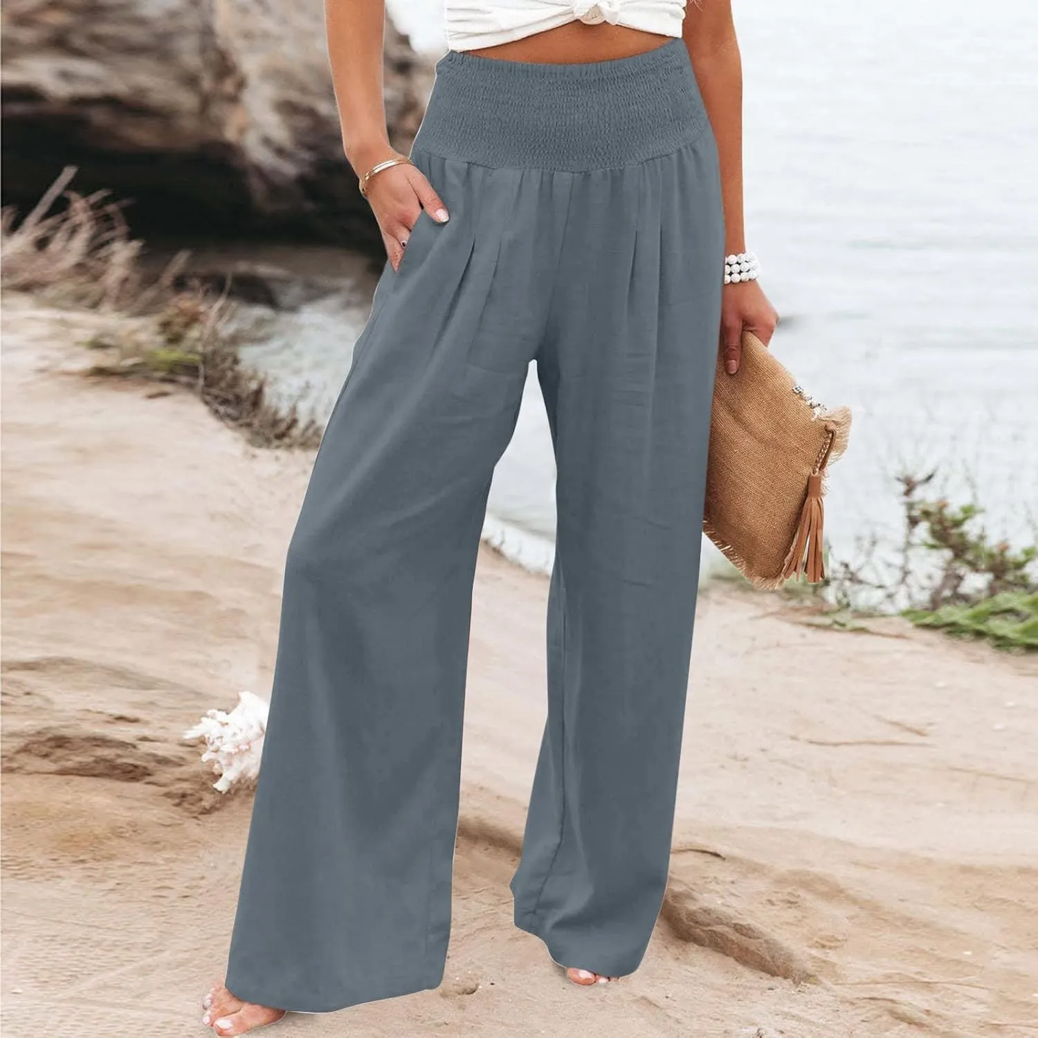 yardsong Linen Pants Women 2024 Summer Trendy Casual Wide Leg Pant Smocked High Waisted Palazzo Beach Pants with Pockets