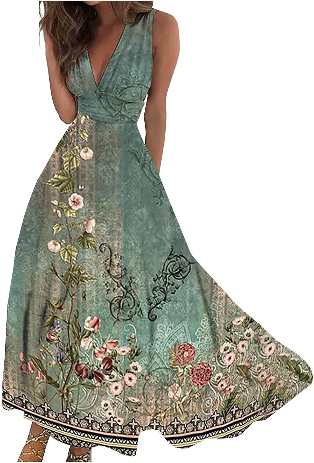 Yesunpxs Dresses for Women 2024 Sleeveless Flowy Ruched Maxi Dress Wrap V Neck Floral Printed Beach Dresses Boho Sundresses