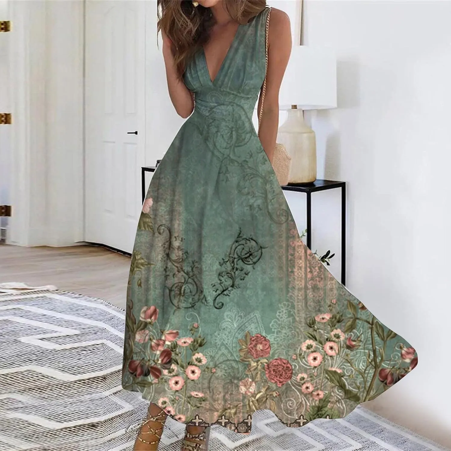 Yesunpxs Dresses for Women 2024 Sleeveless Flowy Ruched Maxi Dress Wrap V Neck Floral Printed Beach Dresses Boho Sundresses