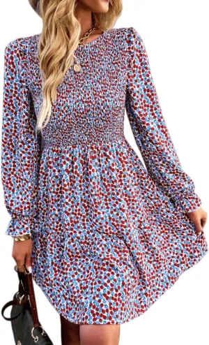 YOXUA Women's Casual Mini Dress, Long Sleeve Crewneck Ruffle Shoulder Floral Printed Pleated Babydoll Short Dress
