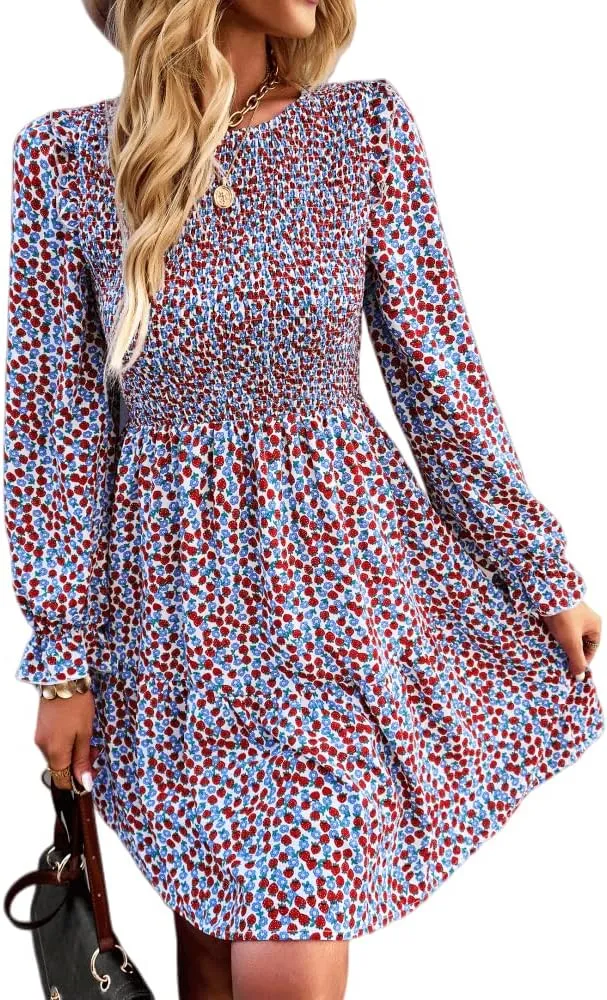 YOXUA Women's Casual Mini Dress, Long Sleeve Crewneck Ruffle Shoulder Floral Printed Pleated Babydoll Short Dress