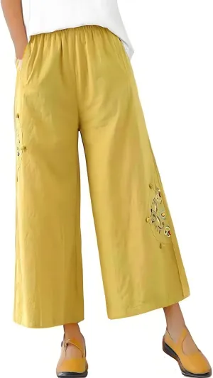YRAETENM Cotton Linen Pants for Women Embroideried Capri Palazzo Wide Leg Pants Comfy Baggy Slacks Trousers with Pockets