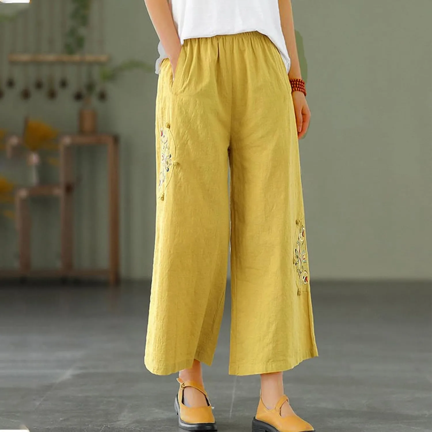 YRAETENM Cotton Linen Pants for Women Embroideried Capri Palazzo Wide Leg Pants Comfy Baggy Slacks Trousers with Pockets