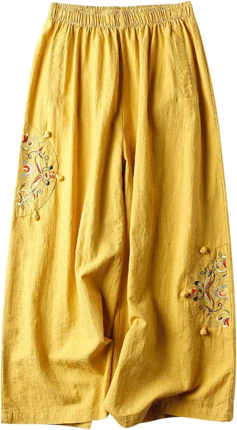 YRAETENM Cotton Linen Pants for Women Embroideried Capri Palazzo Wide Leg Pants Comfy Baggy Slacks Trousers with Pockets