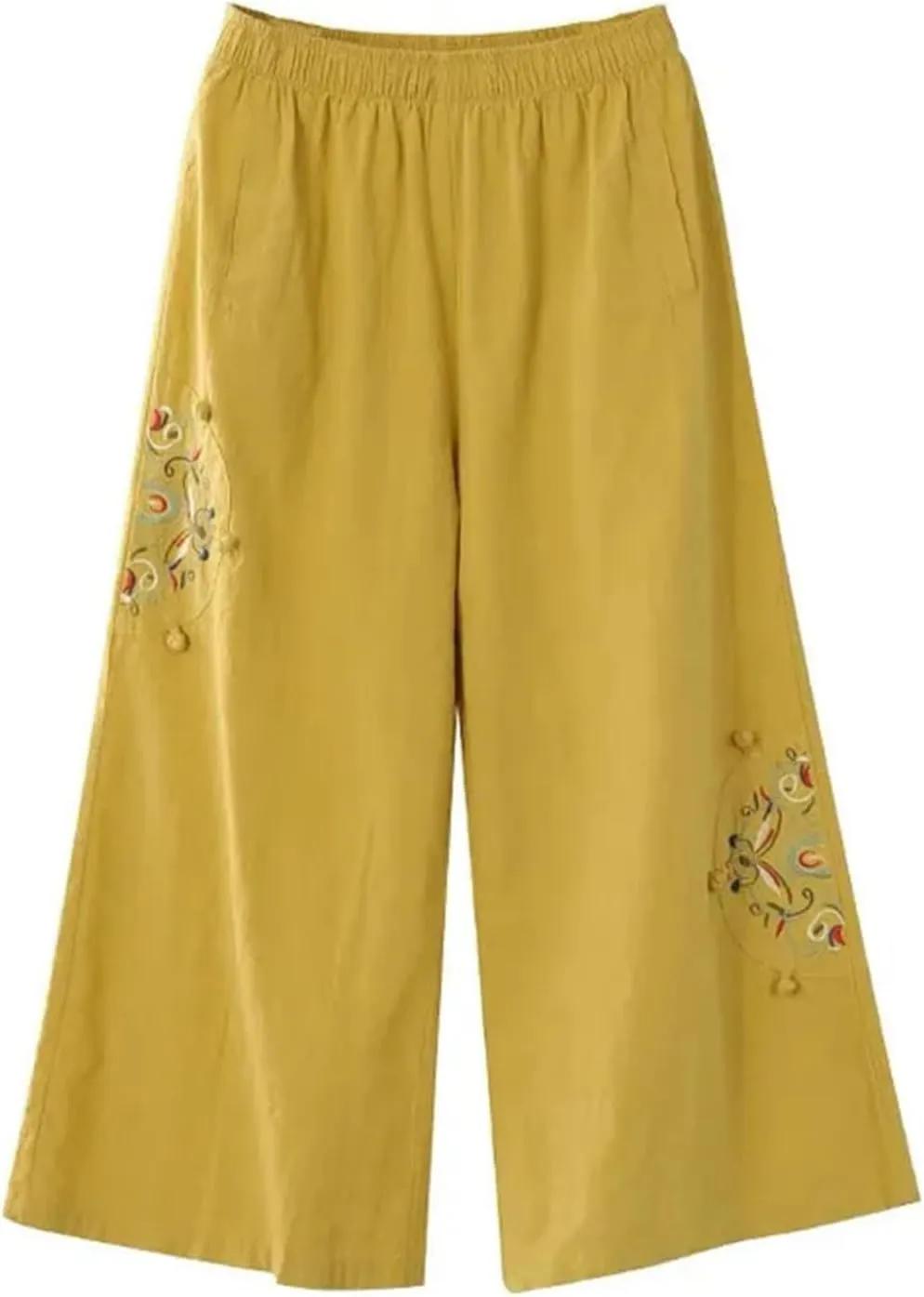 YRAETENM Cotton Linen Pants for Women Embroideried Capri Palazzo Wide Leg Pants Comfy Baggy Slacks Trousers with Pockets