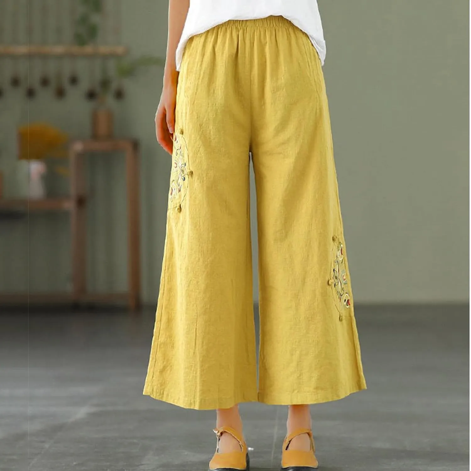 YRAETENM Cotton Linen Pants for Women Embroideried Capri Palazzo Wide Leg Pants Comfy Baggy Slacks Trousers with Pockets