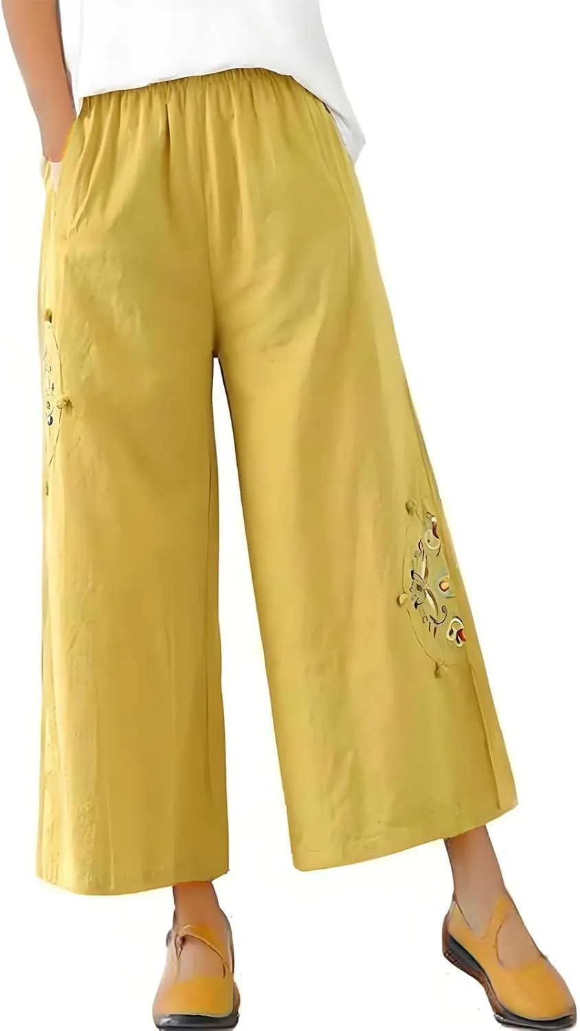 YRAETENM Cotton Linen Pants for Women Embroideried Capri Palazzo Wide Leg Pants Comfy Baggy Slacks Trousers with Pockets