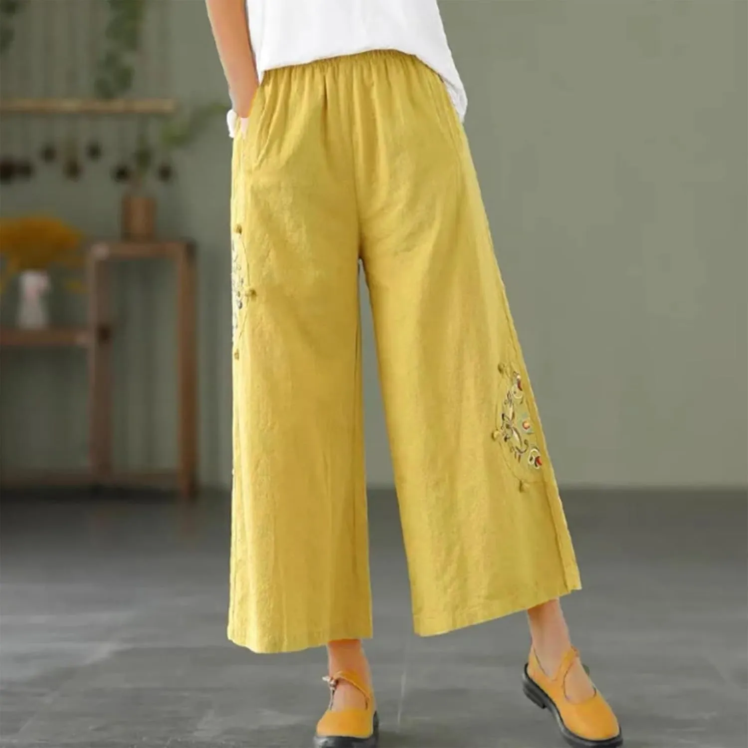 YRAETENM Cotton Linen Pants for Women Embroideried Capri Palazzo Wide Leg Pants Comfy Baggy Slacks Trousers with Pockets