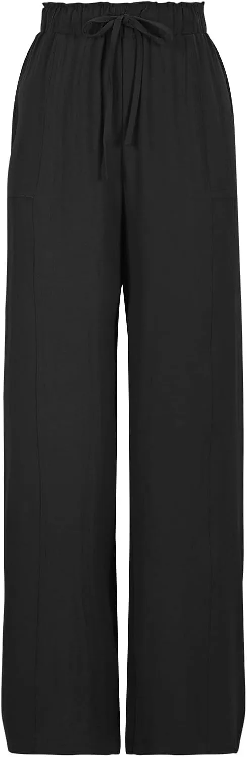 YRAETENM Cotton Linen Wide Leg Pants for Women Summer Boho Wide Leg Palazzo Pants Casual Flowy Beach Trousers with Pockets