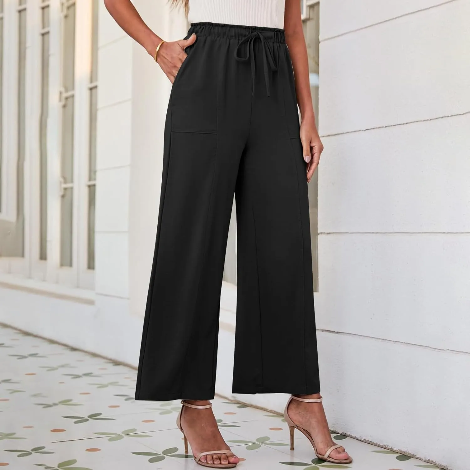 YRAETENM Cotton Linen Wide Leg Pants for Women Summer Boho Wide Leg Palazzo Pants Casual Flowy Beach Trousers with Pockets