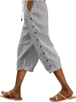 YRAETENM Linen Capris for Women Sumemr Drawstring High Waist Straight Leg Trousers Comfy Side Button Capri Pants with Pockets