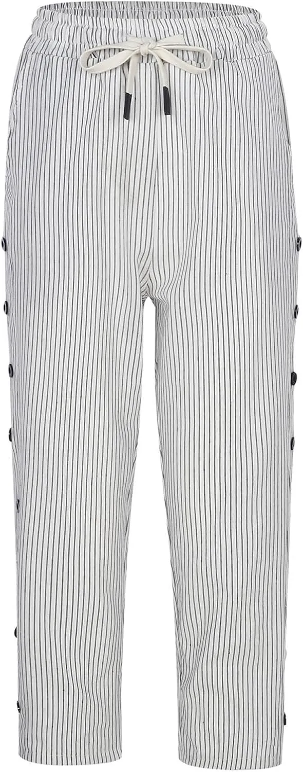 YRAETENM Linen Capris for Women Sumemr Drawstring High Waist Straight Leg Trousers Comfy Side Button Capri Pants with Pockets