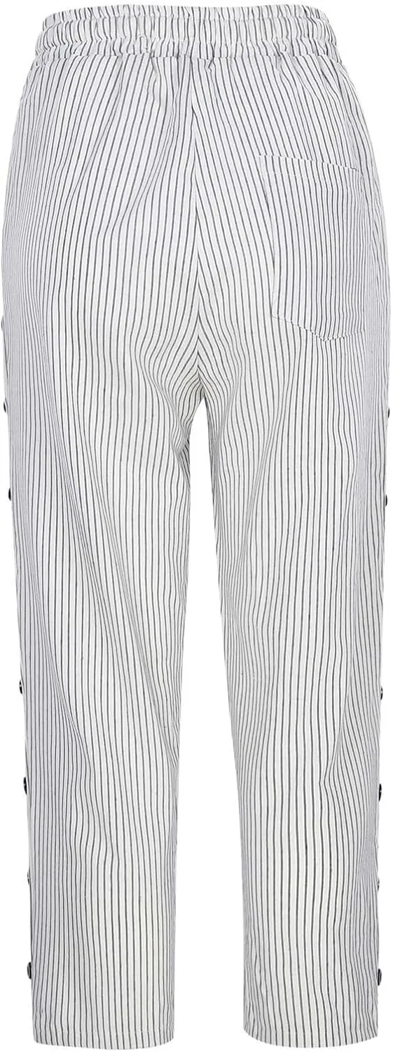 YRAETENM Linen Capris for Women Sumemr Drawstring High Waist Straight Leg Trousers Comfy Side Button Capri Pants with Pockets